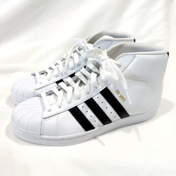 NWOT Adidas Pro Model Superstar High Top Sneaker Shoes White Black 6.5 M / 8 W - Picture 1 of 10